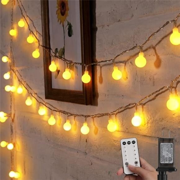 Globe String Lights, 33 Feet 100 Led Fairy Lights Plug in, 8 Modes with Remote - Picture 1 of 7